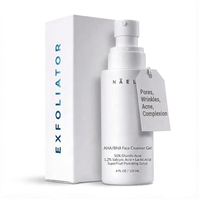 NAELI AHA/BHA Exfoliating Face Wash - 10% Glycolic Acid & Salicylic Acid Cleanser, Anti Aging Acne & Wrinkle Reducing Facial Exfoliant, Pore Minimizer & Brightening Gel, 4 oz
