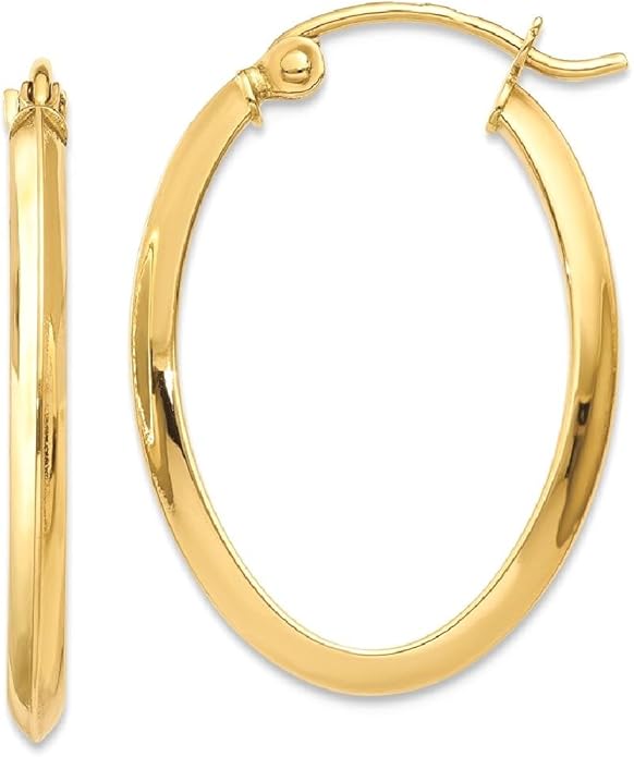 14K Yellow Gold Hoop Earrings Medium Oval 2mm Wide Polished Snap Back For Women Everyday Gift Luxury Jewelry