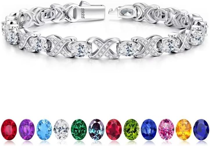 Iefil Oval Birthstone Tennis Bracelets for Women Wife, Unique X O Design Fine Jewelry Valentine's Day Gift Anniversary Birthday Gift 925 Sterling Silver Birthstone Jewelry for Mom Girlfriend Her