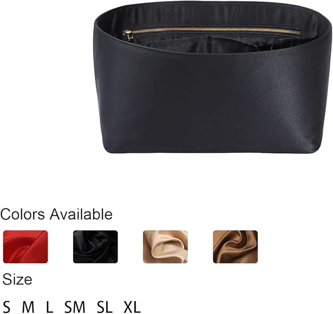 ZTUJO Purse Organizer Insert For Handbags, Silk Purse Organizer with Zipper, Silky Smooth, Bag Organizer For Speedy Neverfull Tote,onthego,Artsy, 6 Sizes (Slender Medium, Silky Black)