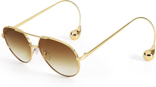 SODQW Trendy Aviator Sunglasses for Women with Earring Gold Metal Frame Fashion Sun Glasses