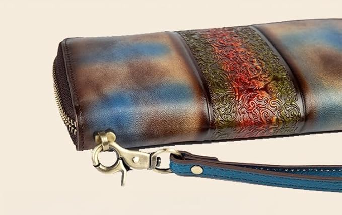Women's cowhide leather zipper wallet retro carved multi-layer handbag design (Retro Purple Blue)
