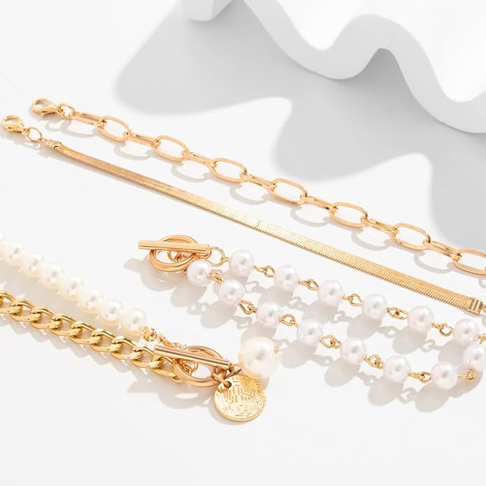 14K Gold OT Buckle Coin Pearl Paperclip Stacked Bracelet Set for Women, Statement Snake Pearl Paper Clip Bracelets Stack Dainty Prom Party Jewelry Gift