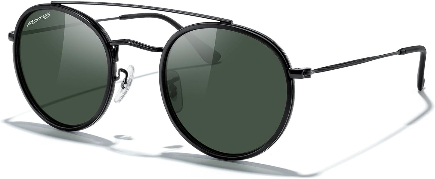 MERRY'S Retro Round Polarized Sunglasses - Unisex Double Bridge Sun Glasses