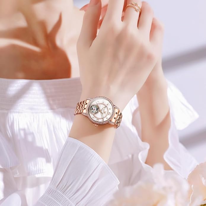 OLEVS Women’s Watch Automatic Diamond Tourbillon Luxury Fashion Stainless Steel Waterproof Luminous Wrist Watches for Ladies Gift Rose Gold/Starry Sky Blue/Silver