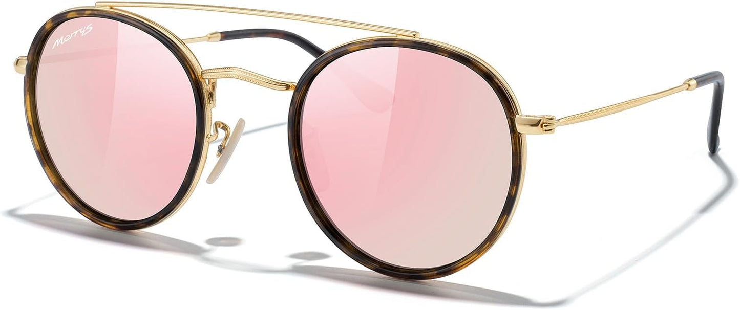 MERRY'S Retro Round Polarized Sunglasses - Unisex Double Bridge Sun Glasses