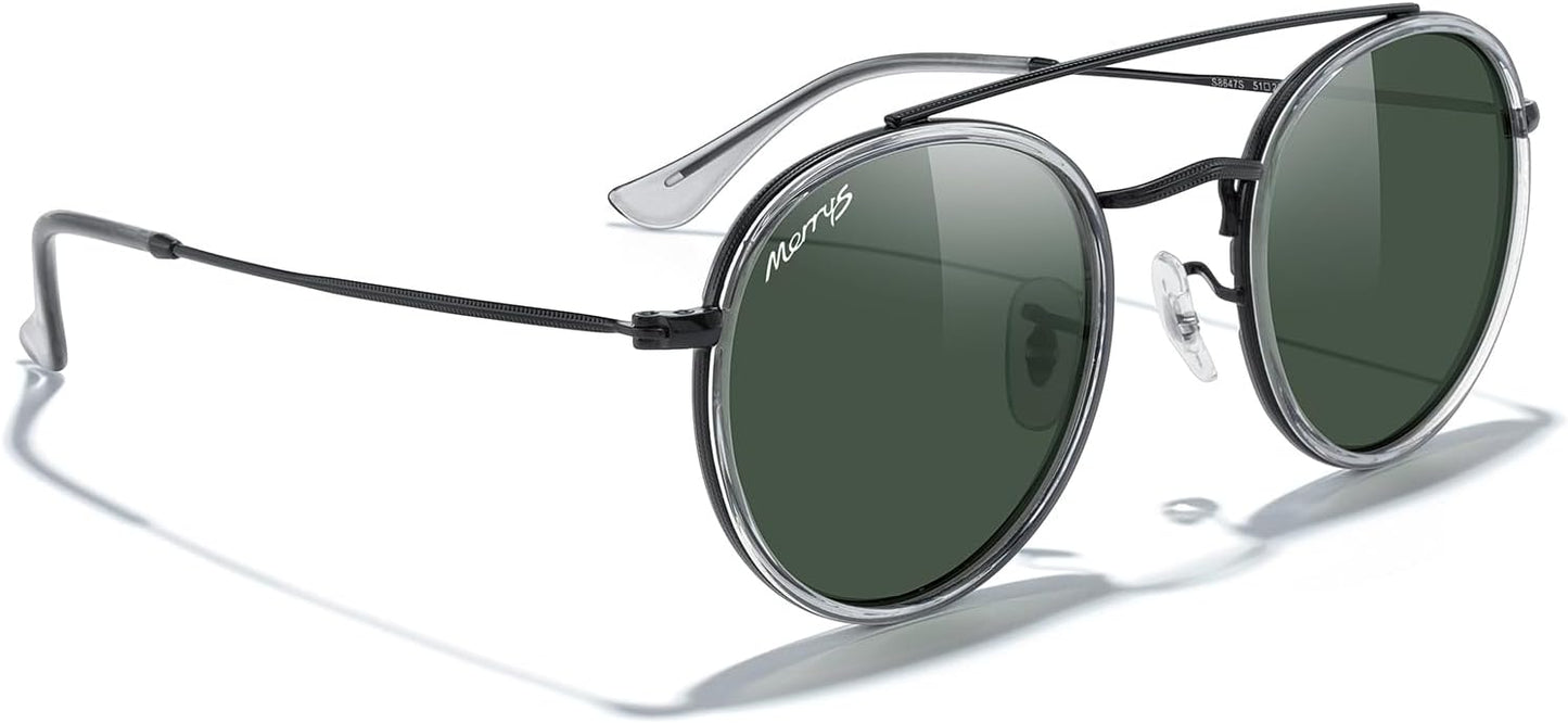 MERRY'S Retro Round Polarized Sunglasses - Unisex Double Bridge Sun Glasses