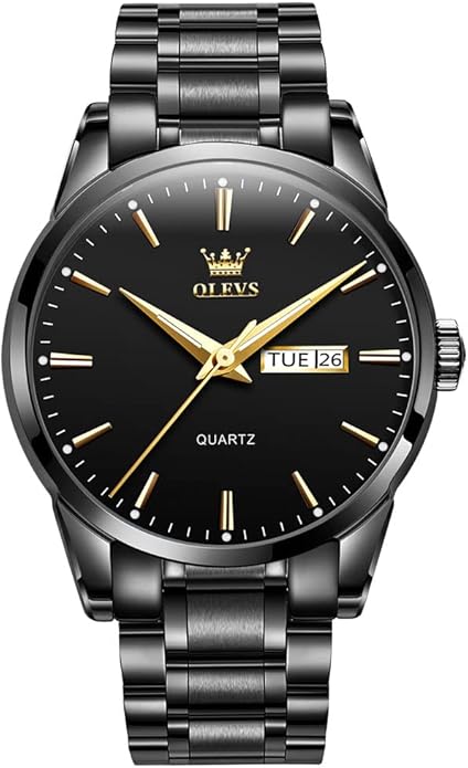 Men's Casual Stainless Steel Watch, Big Face Easy to Read Analog Quartz Watch with Day and Date, Classic Waterproof Diamond Roman Arabic Numerals Dial Dress Watch for Men, Gold Silver Black Band