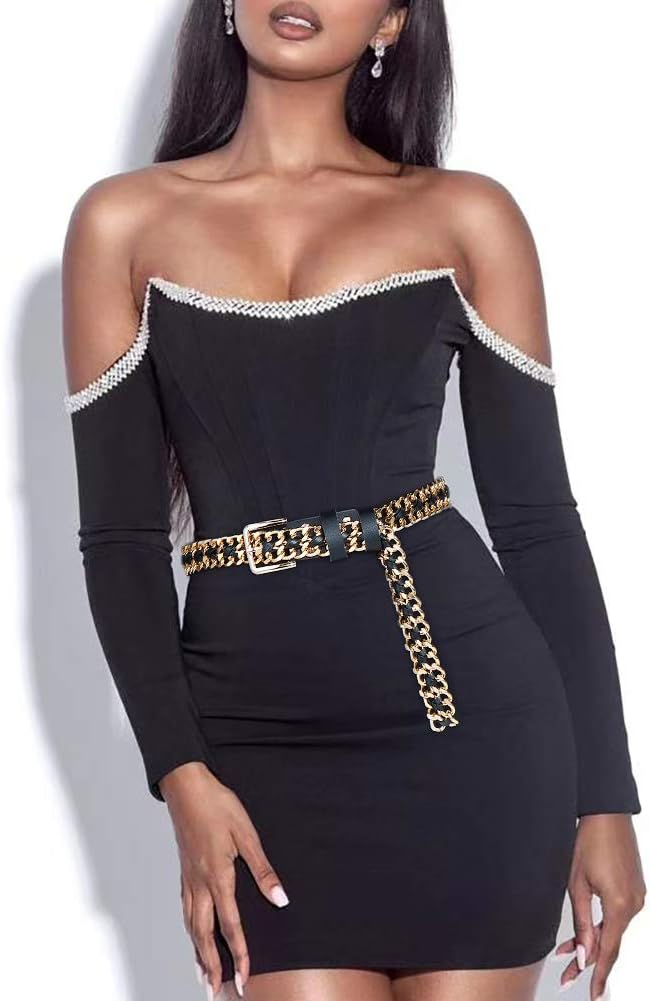 Glamorstar Gold Metal Punk Belts Leather Chain Waist Belt for Women Dresses