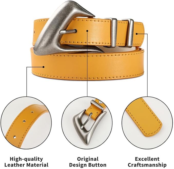 Women's Brown Belt Trend Belt with Gold Buckle Fashion Leather Waist Belt for Jeans Pants