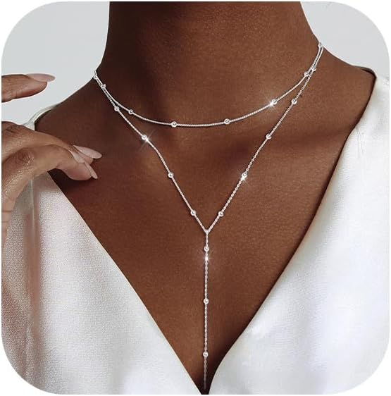 Luxval Lariat Gold Necklace for Women, Dainty Long Necklace 14k Gold Plated/Silver Y-Shaped Pendant Necklaces Trendy Beaded Chain Drop Necklaces Jewelry for Women Gifts
