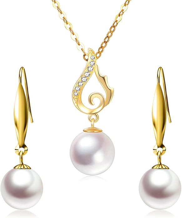 Real Gold Pearl Jewelry. 18k Gold Earrings and 14k Gold Pendant and Chain Necklace, Jewelry Gifts for Her