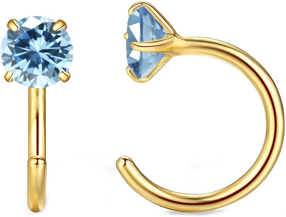 14K Gold Birthstone Huggie Half Hoop Earrings for Women,Round-cut Created Gemstone Minimalist Tiny Earring(4MM*2) Anniversary Birthday Mother's Day Jewelry for Mom Her