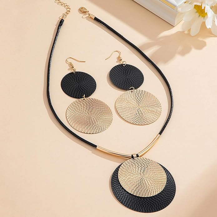 YOOESTORES82 Gold Disc Pendant Necklace Earrings Set Leather Cord Black Circle Statement Necklaces Geometric Textured Medallion Jewelry For Women Party Fashion