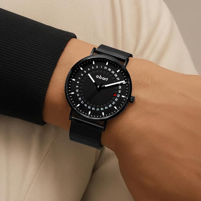 a.b.art Men's Quartz Watch, Swiss Parts Ronda Movement, Sapphire Crystal, Milanese Mesh Band, Ultra-Thin Design, 41mm Black Dial,Minimalist Bauhaus Style