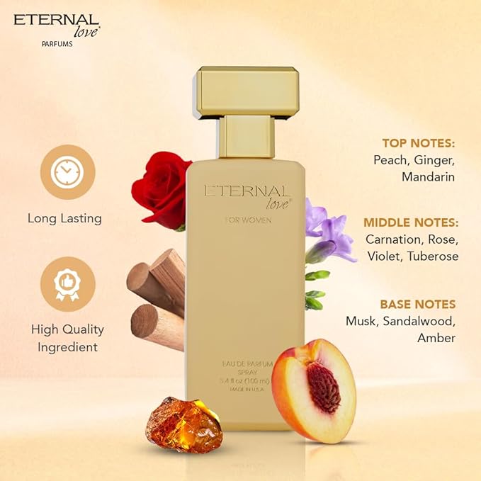 Eternal Love for Women - Long Lasting Eau de Parfum Spray - Premium Floral Fragrance with Peach & Sandalwood - Soft Feminine Scent - 3.4oz