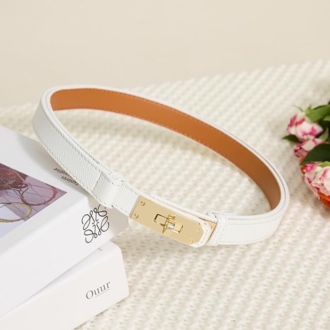 Skinny Leather Belts for Women with Adjustable Silver Turn-Lock Buckle for Dresses Jeans and Pants