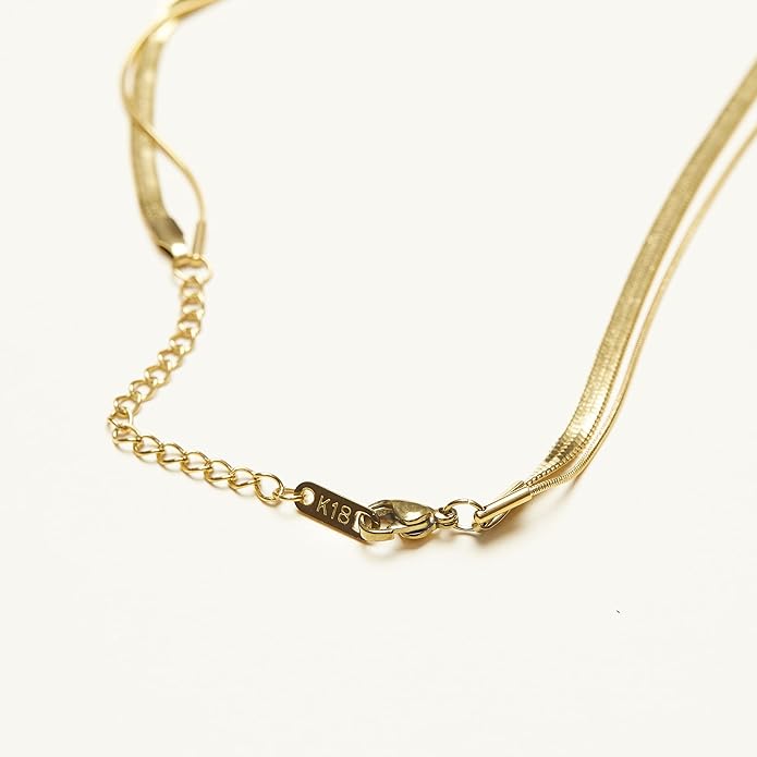 Shapes Studio 18K Gold Plated Double Herringbone Chain Necklace, Minimalist Jewelry, Stacking Necklaces, Gold Snake Chain Layering Necklace