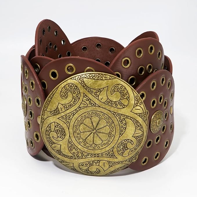 Hollow Wide Disc Belt for Women Concho Leather Metal Buckle Boho Belt Cowgirl Vintage Western Chunky Waist Belts