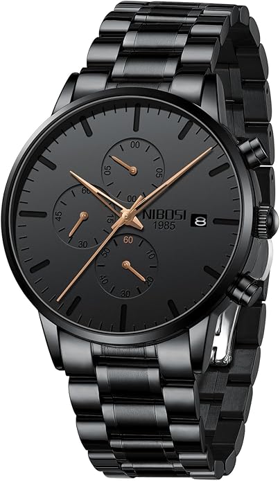NIBOSI Men's Watches Analog Minimalist Black Dial Watches for Men Business Chronograph Military Casual Wrist Watches Stainless Steel Strap Date