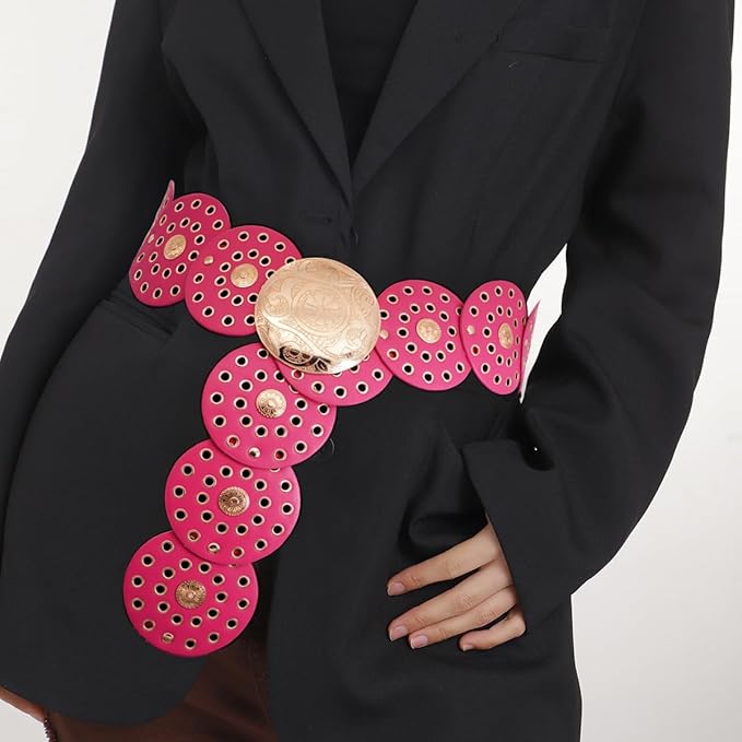 Hollow Wide Disc Belt for Women Concho Leather Metal Buckle Boho Belt Cowgirl Vintage Western Chunky Waist Belts