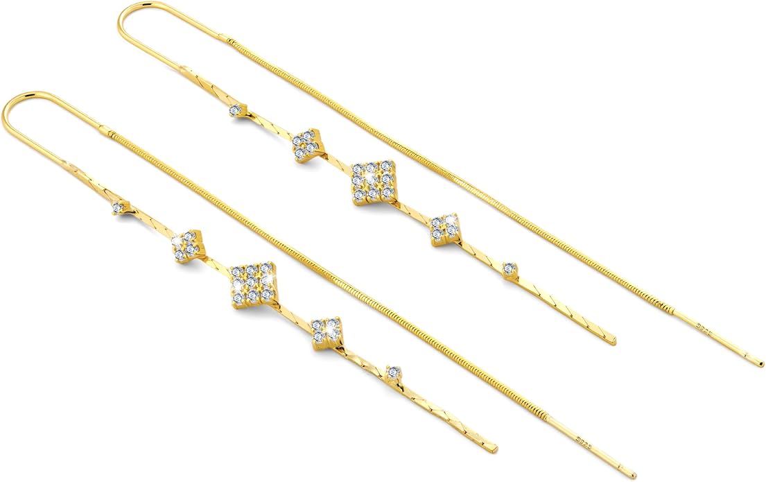 925 Sterling Silver Threader Dangle Earrings for Women - Long Earrings Dangle Chain Drop Earrings Dangling, Dainty Elegant Dangly Ear Chain with Tassel and Cubic Zirconia for Prom Wedding Trendy Jewelry Accessories