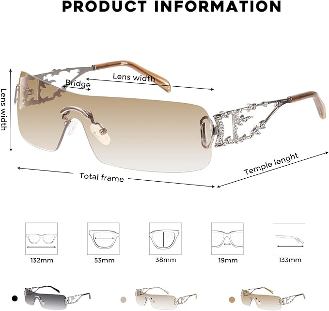mosanana Y2K Rhinestone Flame Rectangle Sunglasses for Women with Bling Glitter MS52350