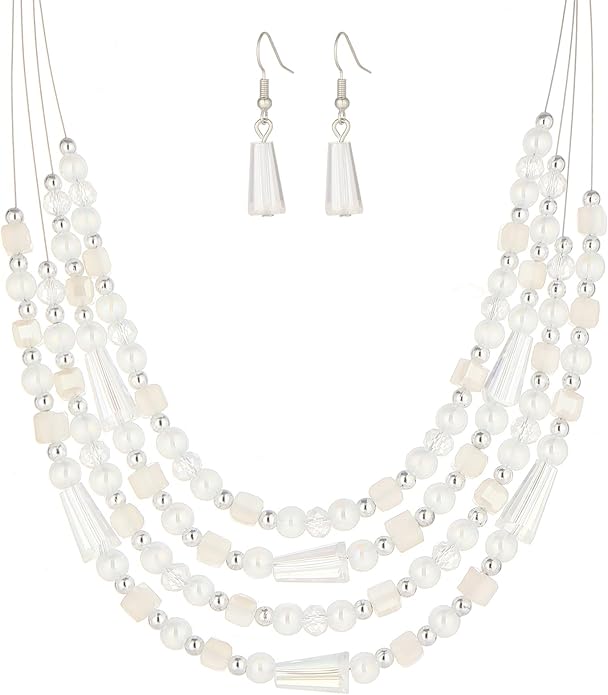 Layered Beaded Statement Necklace Multi Strand Crystal Beads Collar Necklace and Earring Sets for Women Fashion Costume Jewelry Set Gifts for Her