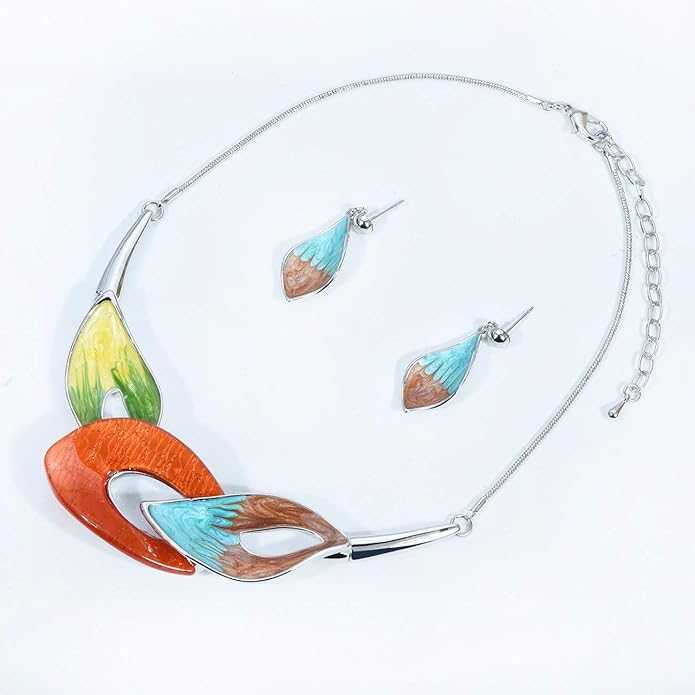Vintage Statement Jewelry Set Leaf Floral Bohemian Boho Statement Necklace Earring Set Crystal Fashion Costume Jewelry