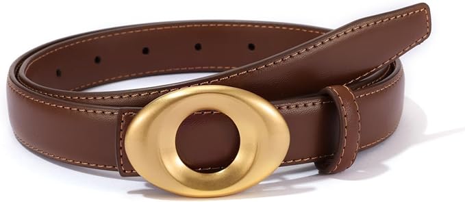 Women's Elegant Casual Genuine Leather Belt with Matte Oval Vintage Gold Buckle for Jeans Pants Dresses