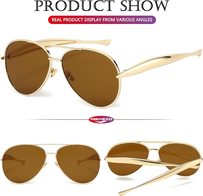 AIEYEZO Gold Aviator Sunglasses for Women Men Oversized Thick Frame Sun Glasses Fashion Retro Sardine Pilot Shades