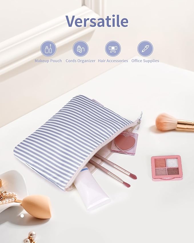 Narwey Small Striped Makeup Bag for Purse Travel Makeup Pouch Cosmetic Bag Zipper Pouch Bags for Women (Greyish Blue Stripe)