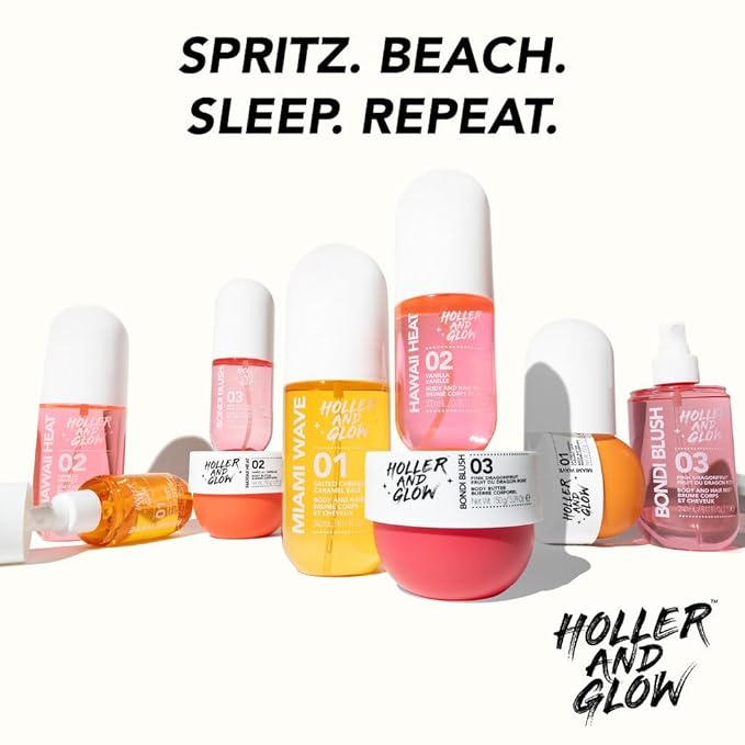 Bundle of Holler And Glow Bondi Blush Pink Dragonfruit Body & Hair Mist + Body Butter, Body Spray, Hair Perfume For Women, Jasmine, Amber Scented, Floral, Moisturizing, Nourishing, 2 Piece Set