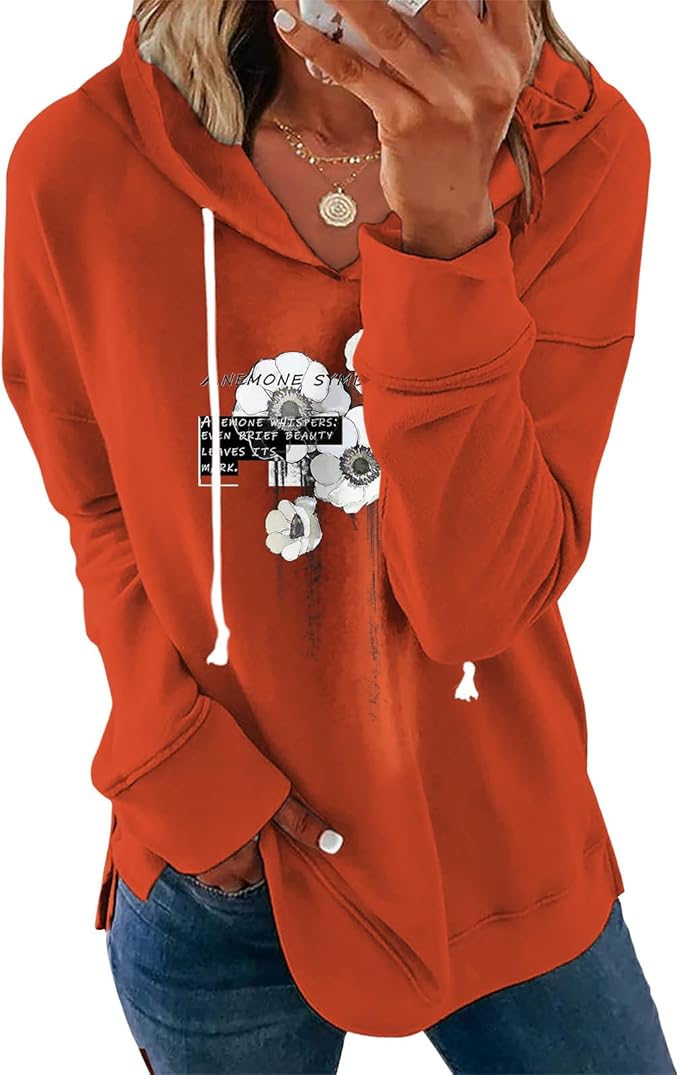 Women's Brown Mandala Print Hoodie Long Sleeve Loose Fit Tunic Top with Drawstring Side Split for Fall Winter