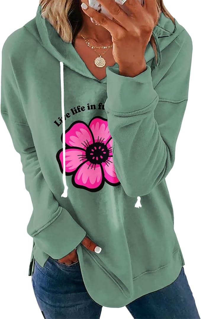 Womens Black Floral Print Hoodie Long Sleeve Cotton Blend Pullover Sweatshirt Loose Fit Casual Top For Everyday Wear