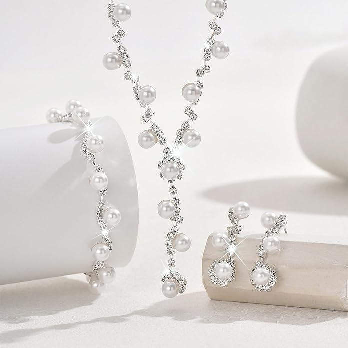 Wedding Jewelry Sets for Brides Silver Rhinestone Necklaces Earring Bracelet Set Wedding Sets for Women Prom Jewelry Sets for Women