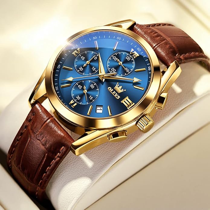 OLEVS Men's Watches Brown Leather with Date,Casual Watches for Men,Large Face Watches Men,Chronograph Mens Watch,Sport Waterproof Business Dress Analog Quartz Men's Wrist Watches Reloj De Hombre