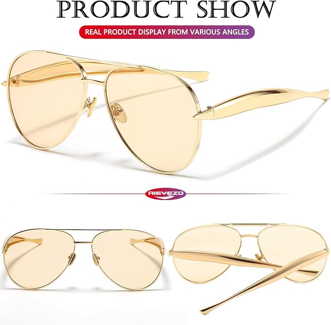 AIEYEZO Gold Aviator Sunglasses for Women Men Oversized Thick Frame Sun Glasses Fashion Retro Sardine Pilot Shades