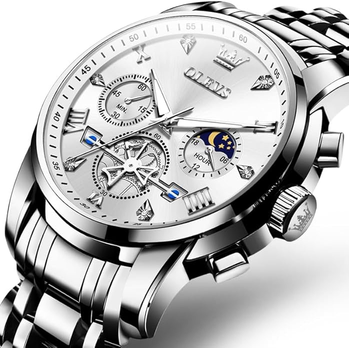OLEVS Men Silver Watches,Men's Stainless Steel Chronograph Watch,Man Analog Quartz Big Face Male Watches Luxury Waterproof Roman Numeral Dress Diamond Relojes para Hombre