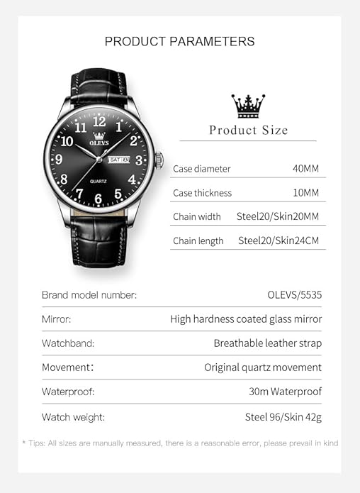 OLEVS Mens Watches Vintage Leather Band Dress Classic Easy Reader Arabic Numerals Analog Quartz Waterproof Date and Day Blue/Black/White Large Face Men's Wrist Watches