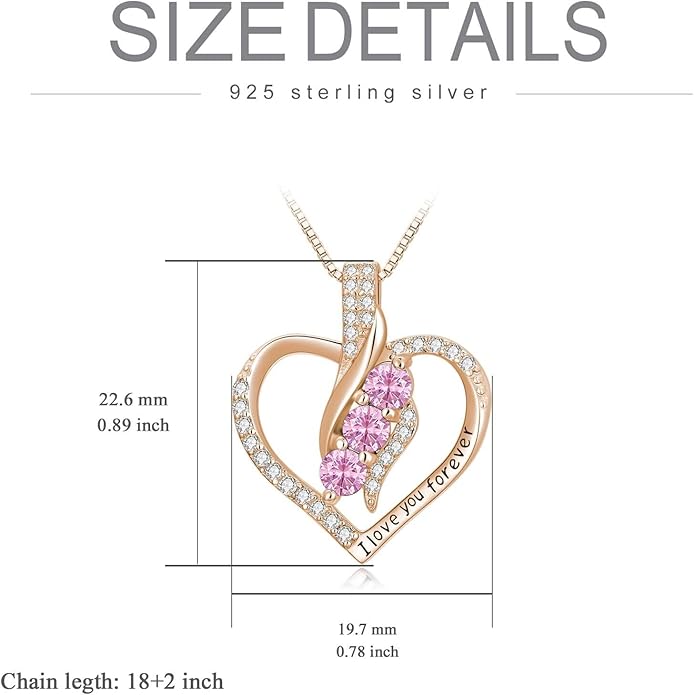 Rose Heart Birthstone Necklace for Women - Solid S925 Sterling Silver with Rose Gold Plated Infinity Symbol of Love Valentine's, Mother's Day, Anniversary, Christmas Birthday Gift for Her, Mom, Wife, or Girlfriend.