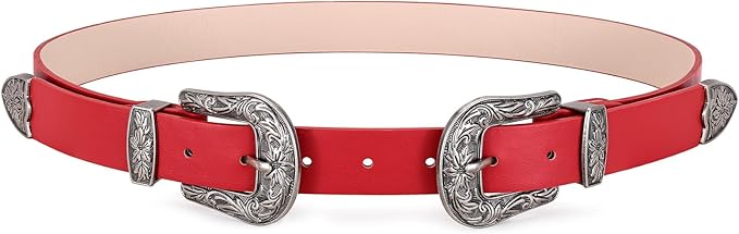 JASGOOD Double Buckle Western Belts For Woman Cowgirl Country Belt Vintage Black Leather Belt For Jeans Pants Dresses