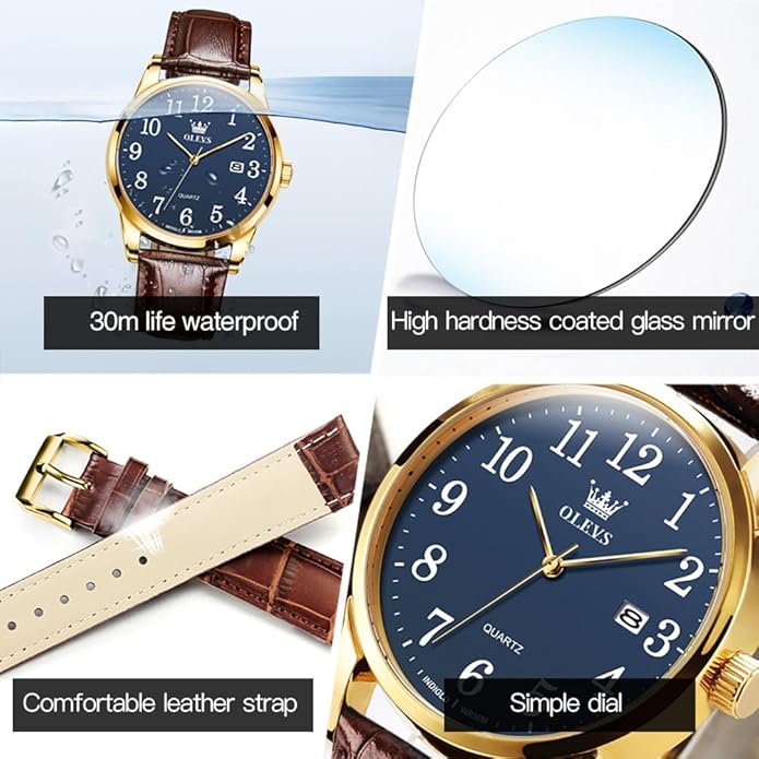 OLEVS Mens Watches Vintage Leather Band Dress Classic Easy Reader Arabic Numerals Analog Quartz Waterproof Date and Day Blue/Black/White Large Face Men's Wrist Watches