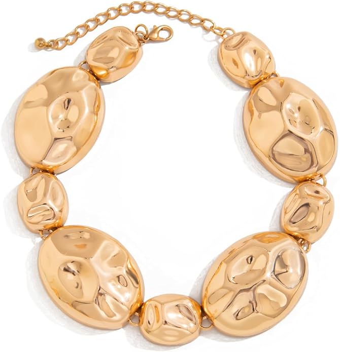 Gold Statement Necklace and Earring Set,Hammered Long Big Pendant Chunky Necklaces and Earrings Extra Large Long Accessories for Women Trendy Jewelry Set Gifts