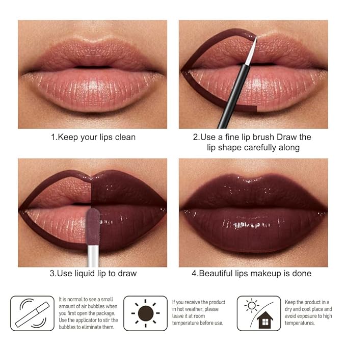 evpct Brown Eggplant Purple Shiny Longwear No-Budge Liquid Lip Color Lipstick Makeup, Highly Pigmented Color Instant Shine, Waterproof Long Lasting Lipstick Lip Stain Gloss with Lip Liner Brush, 10#
