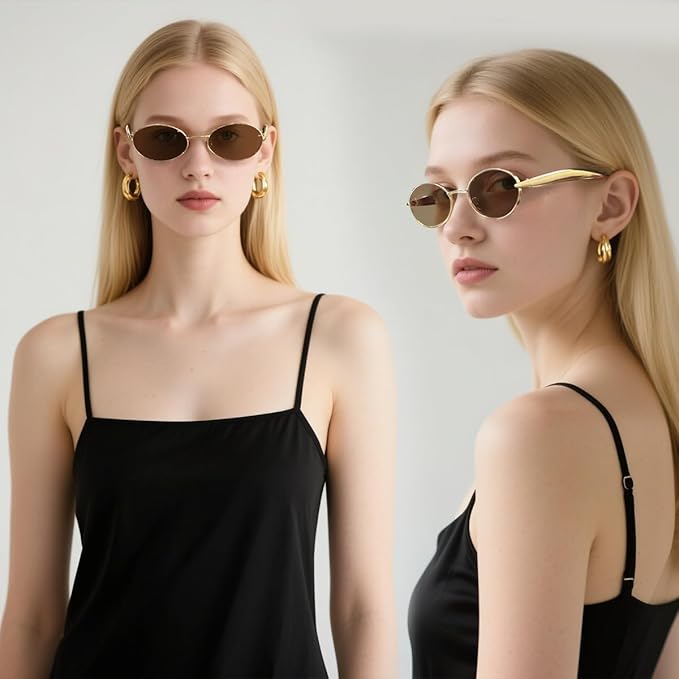 Retro Oval Sunglasses for Women Men - Classic 90s Vintage Trendy Shades with UV400 Protection, Gold Metal Frame