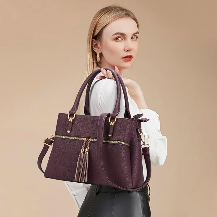 KKXIU Women Satchel Bags Handle Shoulder Handbags and Purses Pockets Zipper Leather Crossbody Bags