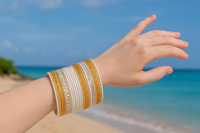 Touchstone Indian Metal Bangles for Women Gold Alloy Bracelets desi 2 Dozen Bangle Collection Bollywood Women's Jewelry Set Multi Stacking Wide Chunky Textured Golden Set of 24 in Gold or White Tone