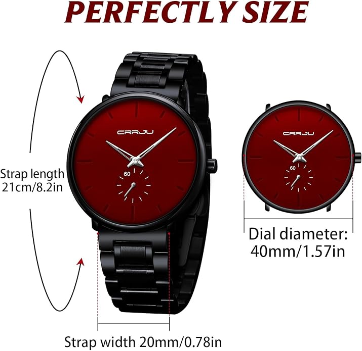 Mens Watches Ultra-Thin Minimalist Waterproof-Fashion Wrist Watch for Men Unisex Dress with Stainless Steel Mesh Black Red