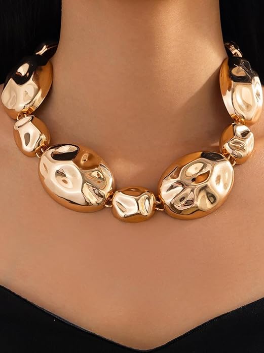 Gold Statement Necklace and Earring Set,Hammered Long Big Pendant Chunky Necklaces and Earrings Extra Large Long Accessories for Women Trendy Jewelry Set Gifts
